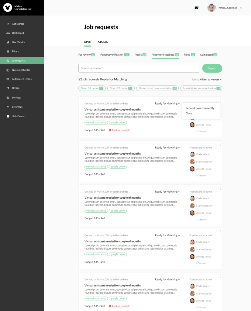Admin managed requests - My Marketplace Builder